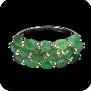 Green Gemstone Ring Size 7 unheated Oval Emerald 4x3 14k White Gold 925 Silver
